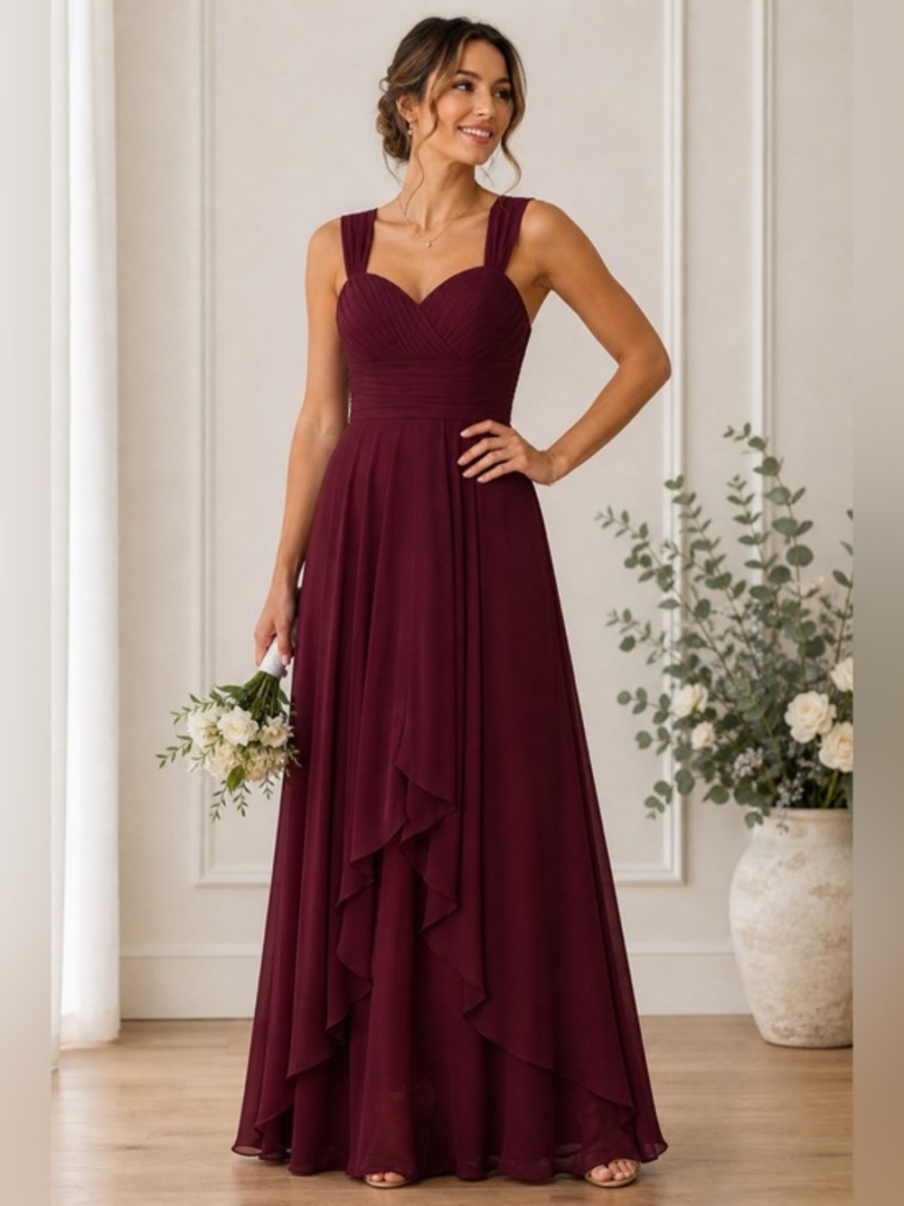 JJ's House Chiffon A-Line Cabernet floor length Bridesmaid Dress size 2